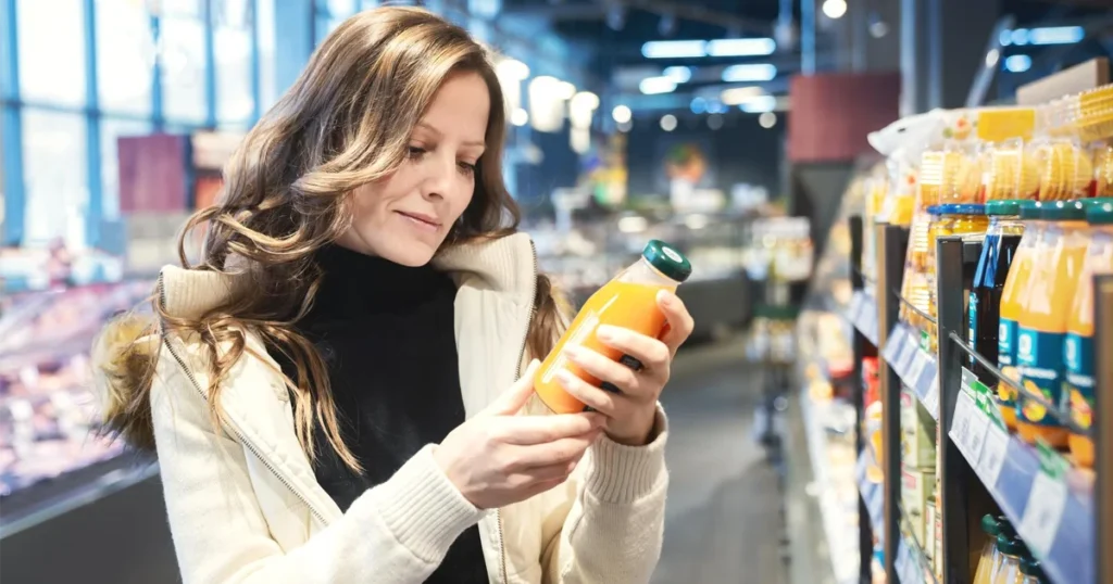 Fitnesz és light feliratú ital címkéjének ellenőrzése életmódváltáskor egy üzletben