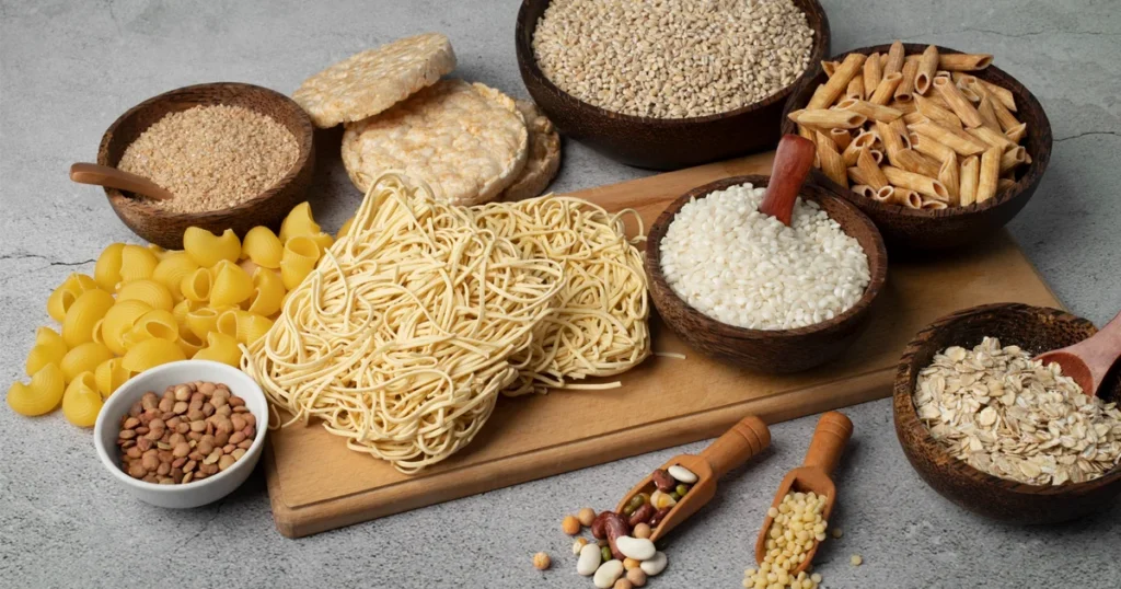 Különböző szénhidrátforrások egy asztalon: tészta, rizs, zabpehely, hüvelyesek és gabonák, tudatos étkezés és életmódváltás szemléltetésére.