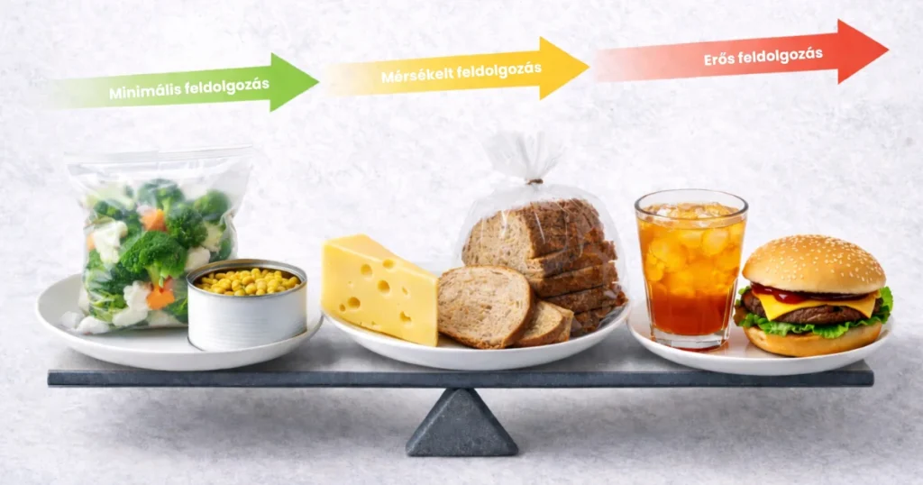 A feldolgozottság három szintje: minimálisan feldolgozott, mérsékelten feldolgozott és erősen feldolgozott élelmiszerek