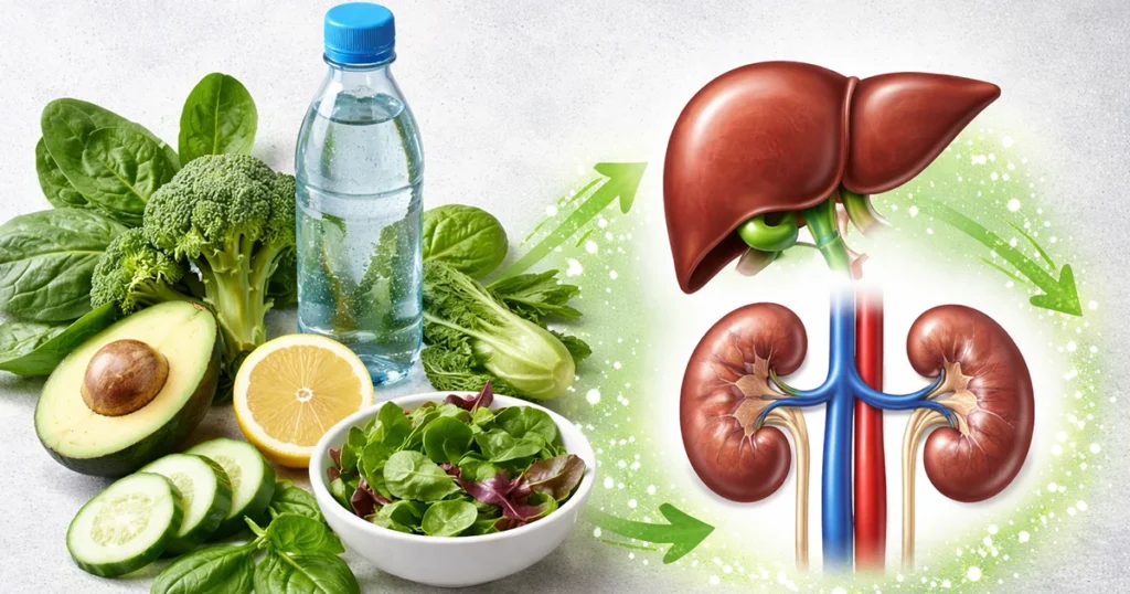 A máj és a vesék természetes méregtelenítő működése friss zöldségekkel és vízzel szemléltetve