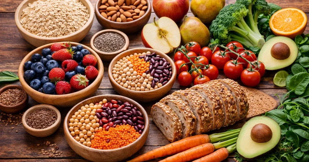 Rostban gazdag ételek egy faasztalon: zabpehely, bogyós gyümölcsök, hüvelyesek, teljes kiőrlésű kenyér, zöldségek és magvak.