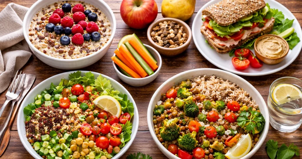 Rostdús napi étkezés példája zabkásával, gyümölcsökkel, zöldségekkel, teljes kiőrlésű szendviccsel és hüvelyes fogásokkal.