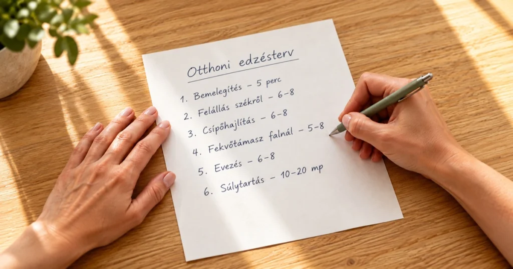 Otthoni edzésterv összeírása, papíron, világos faasztalnál.