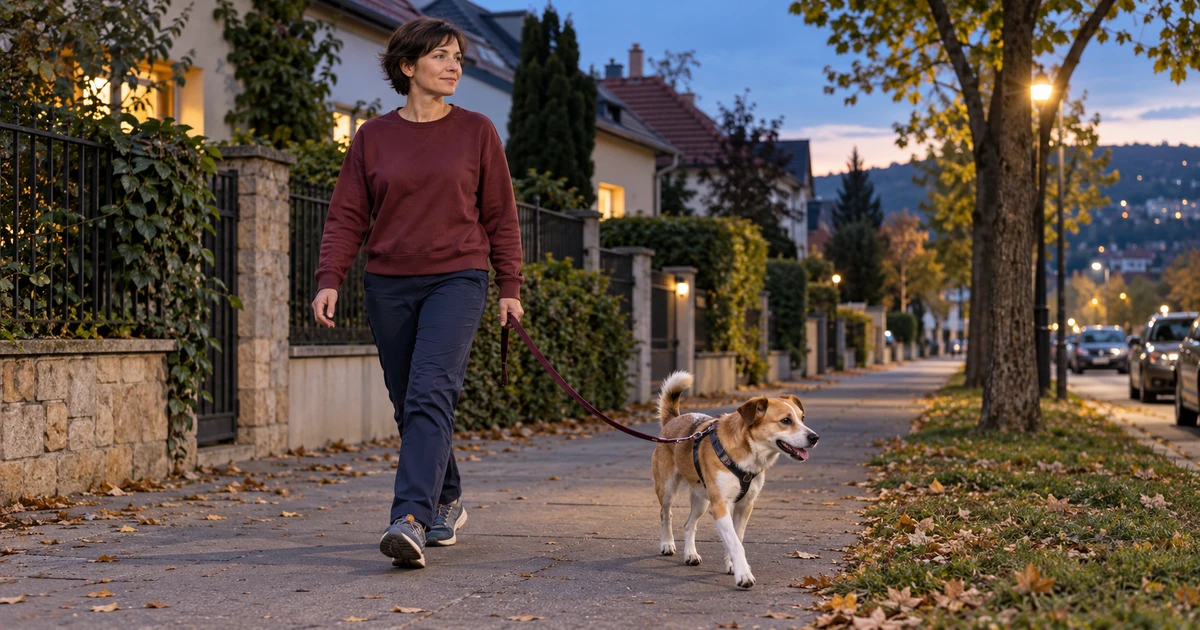 Nő kutyával sétál alkonyatkor egy csendes, fákkal szegélyezett utcán.