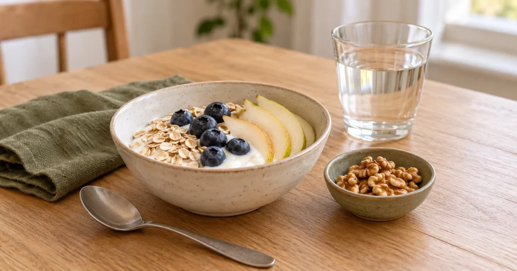 Natúr joghurt zabpehellyel, áfonyával és körteszeletekkel, mellette dió és egy pohár víz.