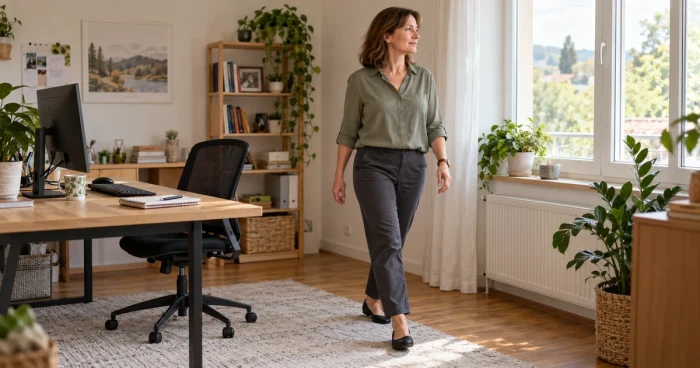 Mozgás ülőmunka mellett: nő rövid sétaszünetet tart az íróasztala mellett.