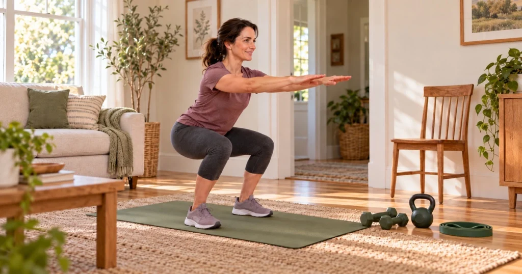 Negyvenes nő olajzöld edzőmatracon guggolást végez otthon, mellette kézisúlyzók, kettlebell, gumiszalag és szék.