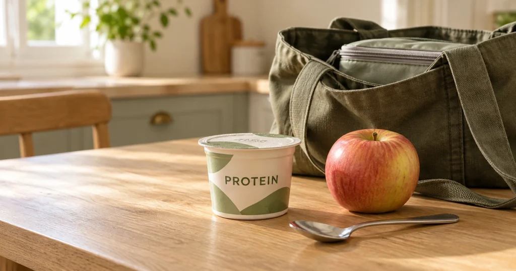 Proteines joghurt, alma és kanál egy nyitott munkatáska mellett, tízóraira előkészítve.