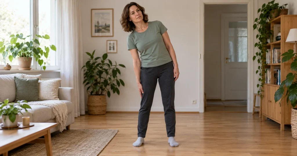 Nő állva, enyhe oldalra hajlítással mozgatja át a törzsét.