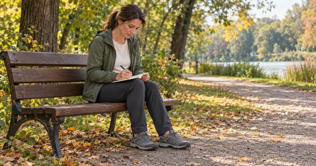 Nő séta után egy parkpadon ülve jegyzetel a sétanaplójába.