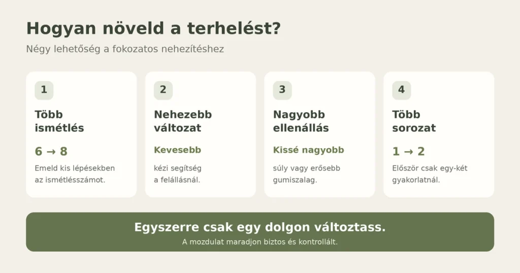 A terhelés növelésének négy lehetősége: több ismétlés, nehezebb gyakorlatváltozat, nagyobb ellenállás és több sorozat. Egyszerre csak egy dolgon változtass.